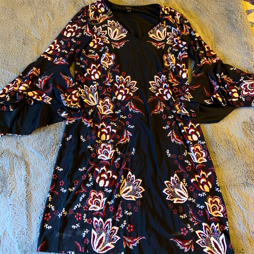 MSK Black and Floral Dress with Bell Sleeves